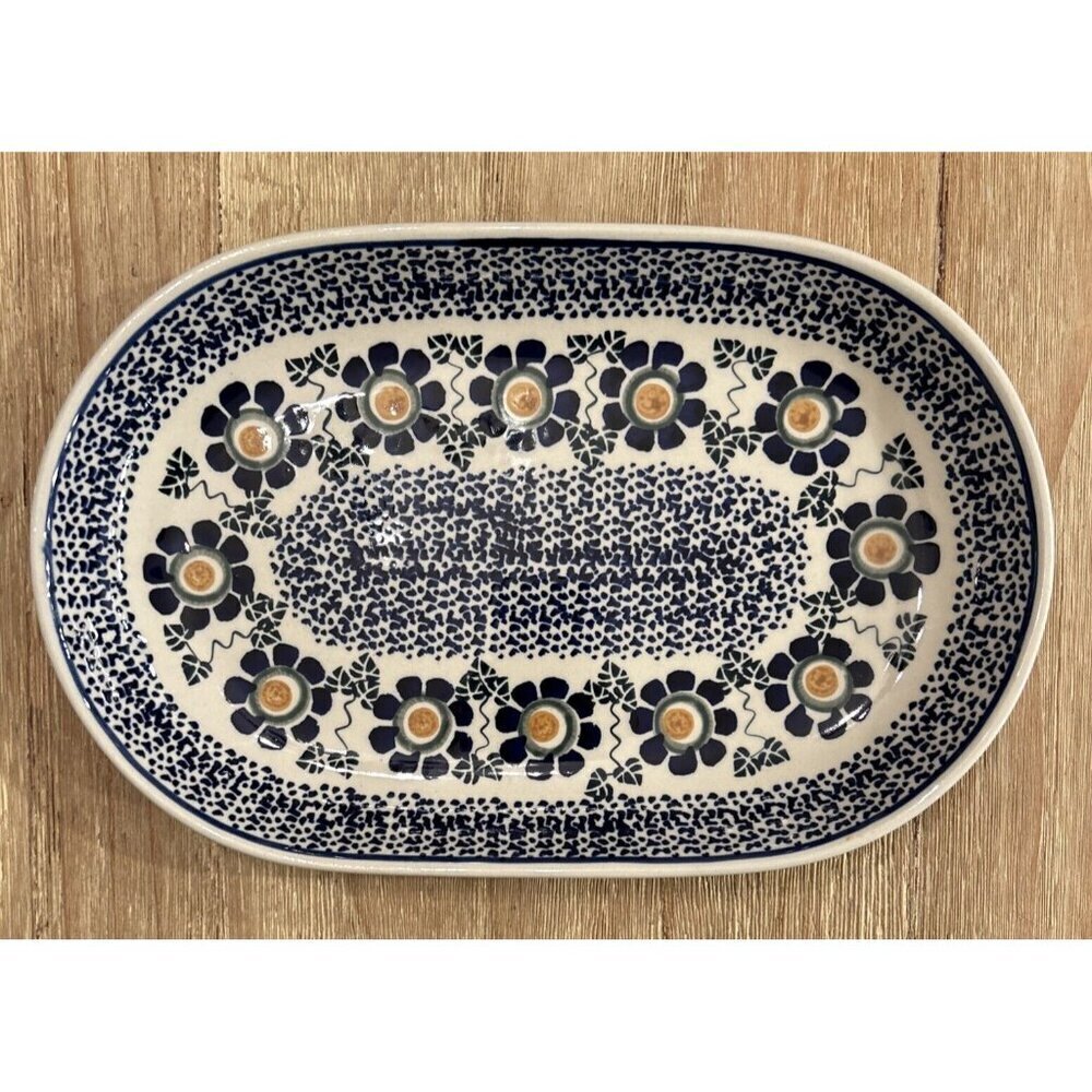 Boleslawiec Polish Pottery Oval Serving Platter Flower Blue Yellow 12.5" x 8"